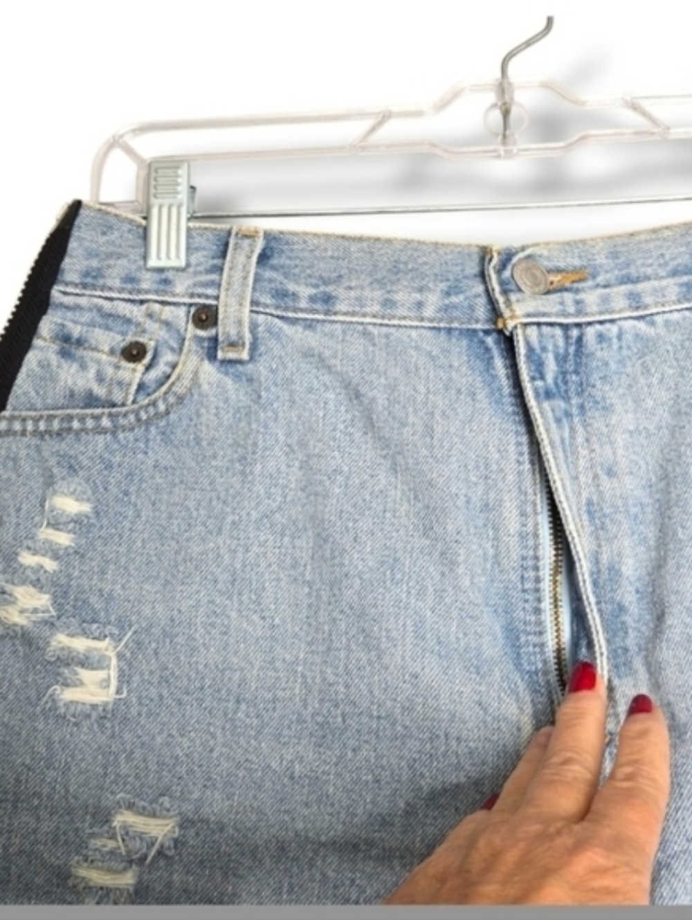 Furst Of A Kind Upcycled Levi's Jean Short Distressed Denim Side Zip Size 30 - Picture 9 of 13